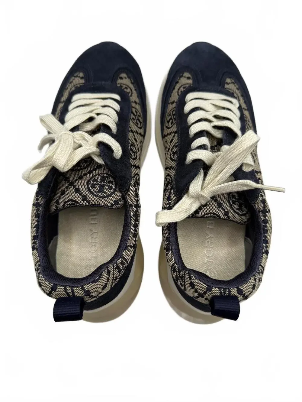 Tory Burch Navy Monogram Good Luck Trainer Jacquard and Suede Sneakers Size 10.5